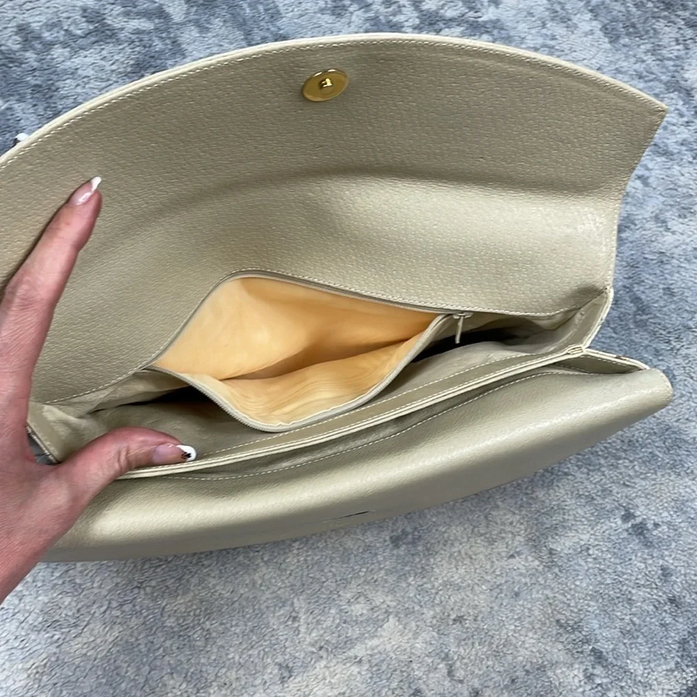 Vintage Gucci Beige Double Flap Clutch Bag Sherry Web Trim